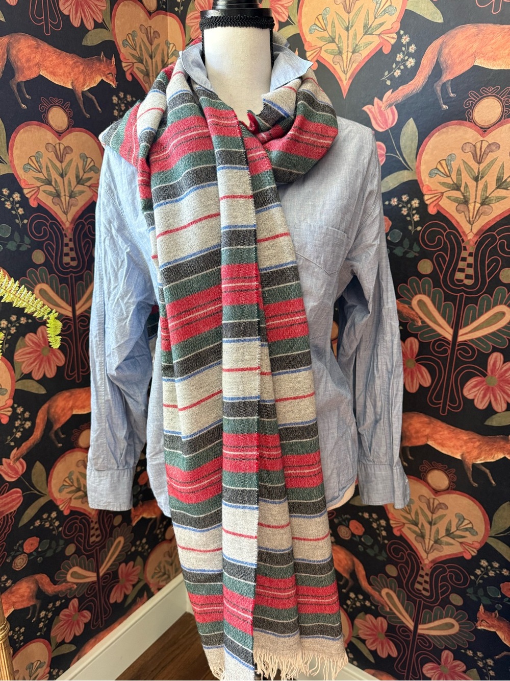 Scotch & Soda Wool Stripe Red Blue Gray Fringe Shawl Wrap Neck Scarf Italy Throw